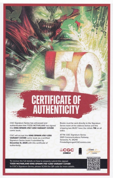 KING SPAWN #50 - 1:250 B&W VARIANT SIGNED BY TODD McFARLANE w/ COA